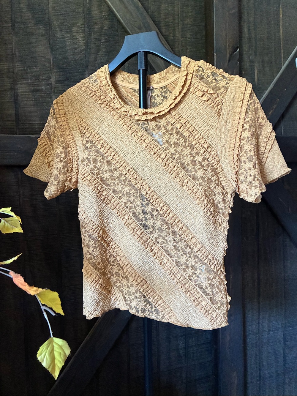 Free People Tan Lace Diagonal-Panel Short Sleeve Tee